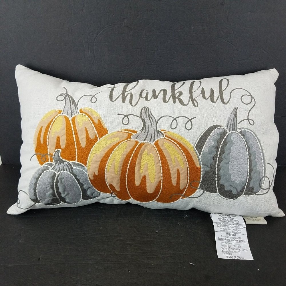 ENVOGUE Harvest Collection Thankful Embroidered Lumbar Throw Pillow Fall 14x24"